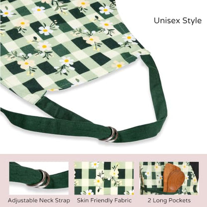 FINGERCRAFT Apron, Dual Pocket, Adjustable Tie, Multipurpose Washable Bib Apron for Home, Kitchen, Chef and Professionals - color: Green Daisy Gingham