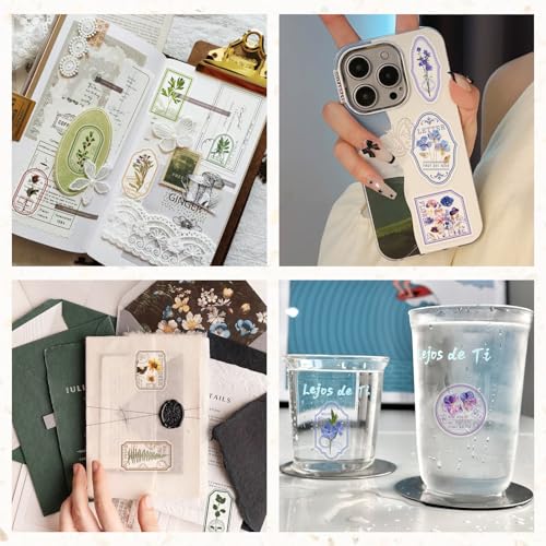 Bomichi 120 Pcs Flowers Stamp Stickers, Vintage Aesthetic Scrapbook Supplies for Junk Journal Bullet Therapy Planner Laptops Card Making Supplies - style: Transparent Flower Stamps