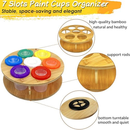 Paint Cups with Lids for Kids, 7pcs Spill Proof Painting Cups with Rotating Holder Toddler Paints Brushes No Spill Paint Cups with Kids Art Smock Paint Containers Art Supplies for Classrooms