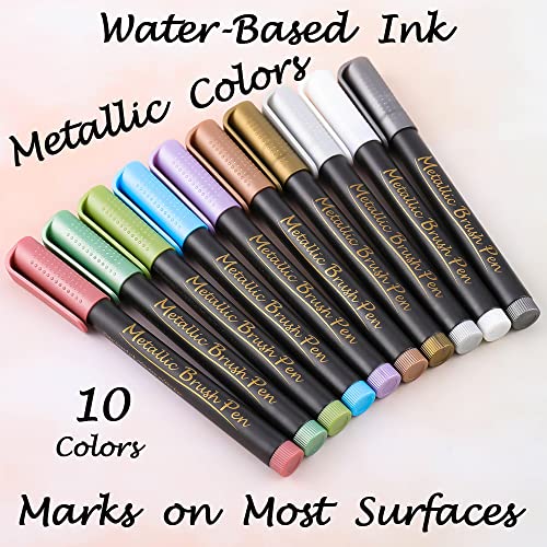 Dyvicl Metallic Brush Marker Pens - Metallic Pens Art Markers for Calligraphy, Brush Lettering, Black Paper, Rock Painting, Card Making, Scrapbooking, Fabric, Metal, Ceramic, Wine Glass, Set of 10 - style: 10 Brush tip