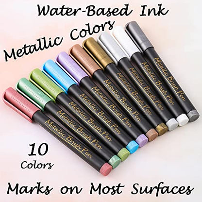 Dyvicl Metallic Brush Marker Pens - Metallic Pens Art Markers for Calligraphy, Brush Lettering, Black Paper, Rock Painting, Card Making, Scrapbooking, Fabric, Metal, Ceramic, Wine Glass, Set of 10 - style: 10 Brush tip
