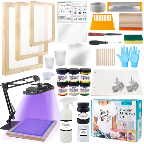 Ecoofor Screen Printing Kit 63 pcs All-in-One Set with 50 W UV Exposure Lamp, 3 Size Wood Screen Printing Frames, 6 Colors Screen Printing Ink, 15 A4 Inkjet Transparency Films & Emulsion Stripper - color: Blue-Style 2