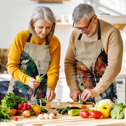 2 PC Aprons Stripe Durable Adjustable Bib with Pockets Apron for Women Men Lovers Chef Home Kitchen Cooking Garden - color: Brown Green