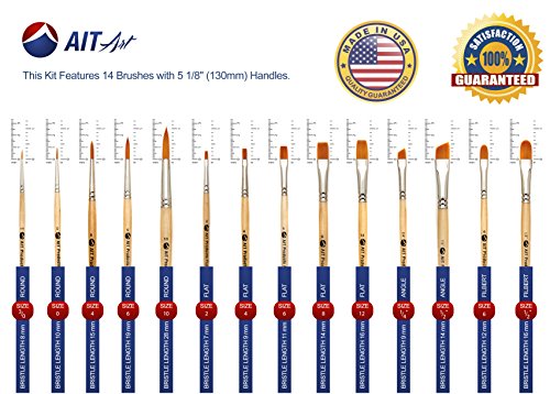 AIT Art Paint Brush Set - 14 Paint Brushes - Rounds, Flats, Angle Shaders, and Filberts - Handmade in USA for Trusted Performance with Oil, Acrylic, and Watercolor