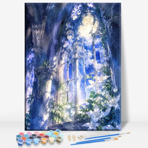 Aeontinity Abandoned Cathedral Moonlight Through Window Gothic Framed Canvas DIY Paint by Numbers Kit Bar Cafe Cave Home Room Wall Bathroom Porch Patio Decor Gift, 16 x 12 Inch - color: ABANDONED CATHEDRAL MOONLIGHT THROUGH WINDOW - 16 x 12 Inch