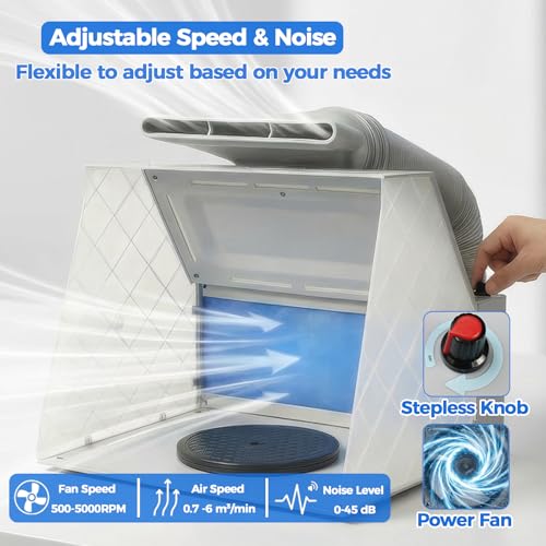 JOYABEST Airbrush Spray Booth with Fan, LED Light & Turntable for Models | Adjustable fan with 8 LED lights. 360° turntable. 5ft exhaust hose included. 2-layer filter traps fumes. For hobby,miniatures