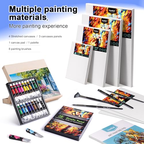 koseibal Acrylic Paint Set with Tabletop Easel and Canvas for Kids, Adults | Complete Painting Supplies Kit 18 Vibrant Acrylic Colors, 8 Art Brushes, 4 Blank Stretched Canvas - color: 18x22ml+Easel-L