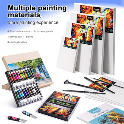 koseibal Acrylic Paint Set with Tabletop Easel and Canvas for Kids, Adults | Complete Painting Supplies Kit 18 Vibrant Acrylic Colors, 8 Art Brushes, 4 Blank Stretched Canvas - color: 18x22ml+Easel-L