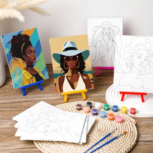 Blosssound 10 Set Pre Printed Canvas Pre Drawn Canvas Painting with Easel Kits 5" x 7" Outline Painting Panels for Beginners, DIY Craft Project, Home Decors(Black Women) - style: Modern