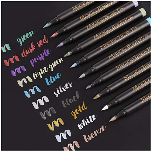 Dyvicl Metallic Brush Marker Pens - Metallic Pens Art Markers for Calligraphy, Brush Lettering, Black Paper, Rock Painting, Card Making, Scrapbooking, Fabric, Metal, Ceramic, Wine Glass, Set of 10 - style: 10 Brush tip