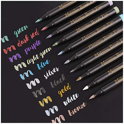 Dyvicl Metallic Brush Marker Pens - Metallic Pens Art Markers for Calligraphy, Brush Lettering, Black Paper, Rock Painting, Card Making, Scrapbooking, Fabric, Metal, Ceramic, Wine Glass, Set of 10 - style: 10 Brush tip