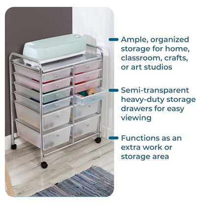 Honey-Can-Do Rolling Craft Storage Cart, Clear, 12-Drawer | Mobile Organizer and Craft Storage Tower on Wheels for Office, Classroom, and Art Supplies