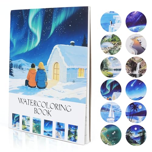 RGBMIX Nature Scenes Watercolor Paper Pad Cotton 140lb/300gsm 12 Sheets Watercolor Coloring Book 9x12'' Pre-Printed Line Art of Aurora, Waterfall, Forest, Glacier for Watercolor, Acrylic, Pencil - color: Nature Scenes