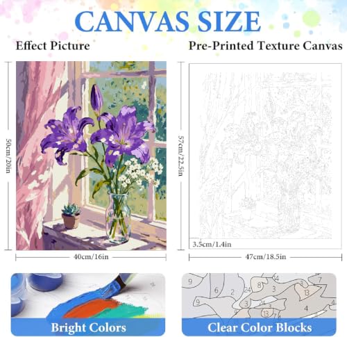 ZRIZQ Paint by Numbers Kit for Adults Beginner,Purple Flowers,16x20 | Full set with wooden brushes,rolled canvas,rich paints.Calming activity.Beginner friendly.Just open and paint. - color: 16"X20"Rolled Canvas-Purple Flowers
