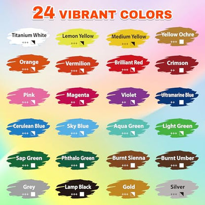 TBC The Best Crafts 24 Colors Acrylic Paint Set, 250ml (8.45oz) Each, Non-Toxic, Includes 10 Professional Brushes + Sponge + Painting Knife, for Canvas Wood Ceramic Rock Painting & DIY Crafts for Adults Artists