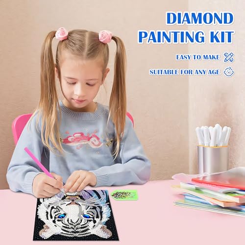 Leixonl Diamond Art Kits for Kids with Framed (7 in) Cartoon Animals DIY Gem Art Painting - Arts & Crafts Gifts for Beginners & Teens (1p-6in Tiger -W) - color: Tiger -W