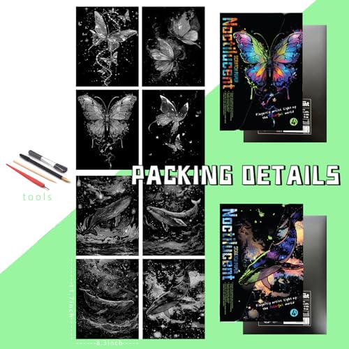 DESINIK Scratch Painting Art Paper Scratch Art for Adults Creative DIY Art Craft Gift Scratch Rainbow Painting Luminous Paper Set with 4 Tools 11.7''x8.3''(Whale&Butterfly) - color: Whale&Butterfly