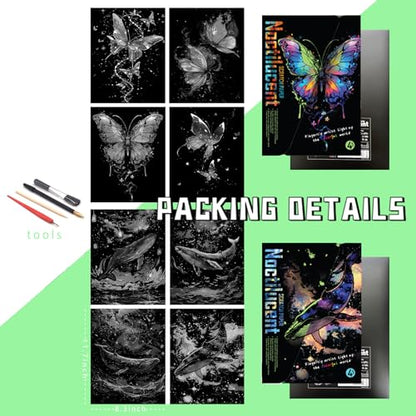 DESINIK Scratch Painting Art Paper Scratch Art for Adults Creative DIY Art Craft Gift Scratch Rainbow Painting Luminous Paper Set with 4 Tools 11.7''x8.3''(Whale&Butterfly) - color: Whale&Butterfly