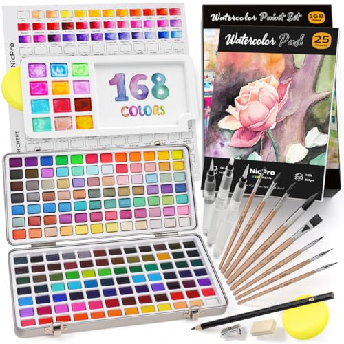Nicpro 168 Colors Watercolor Paint Set, Metallic Macaron Candy Fluorescent | 8 Synthetic Squirrel Painting Brushes, 25 Water Color Paper, Palette, Art Supplies Kit for Artist Adult Beginner with Box - color: 168 Colors Watercolor Set