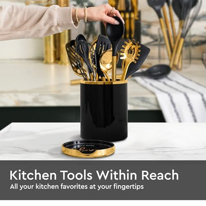 STYLED SETTINGS Black and Gold Utensil Holder with Built-in Spoon Rest | 2-Piece Black and Gold Spatula Holder, Kitchen Accessory, Utensils Not Included - color: Black & Gold