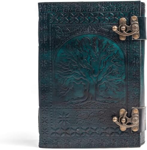 600 Pages Handmade Large Leather Journal Diary Embossed Tree of Life Book Of Shadows Notebook Writing Grimoire Sketchbook 7 x 10 Leather Bound (Green) - color: Green