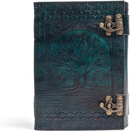 600 Pages Handmade Large Leather Journal Diary Embossed Tree of Life Book Of Shadows Notebook Writing Grimoire Sketchbook 7 x 10 Leather Bound (Green) - color: Green
