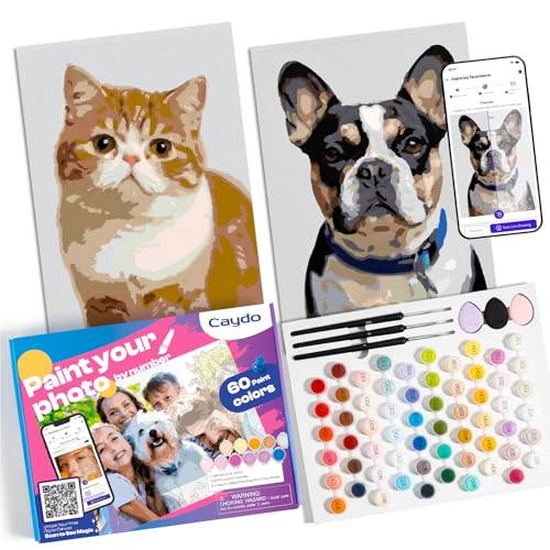 Caydo Custom Paint by Numbers Kit for Adults, A4 | Turn Your Photo into Paint Templates with 60-Color Acrylic Set and 3 Blank Canvases for Gift & Home Activity - size: 8.3"x11.7" without Frame