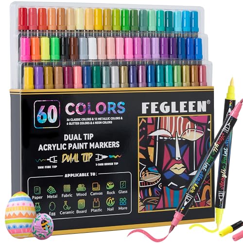 60 Colors Acrylic Paint Markers,Dual Tip Acrylic paint Pens Contain 12 Metallic Colors 6 Glitter and 6 Neon Markers for Rock Painting,Egg,Wood,Glass,Canvas,Ceramic,Crafts,Art Supplies - color: 60 Colors