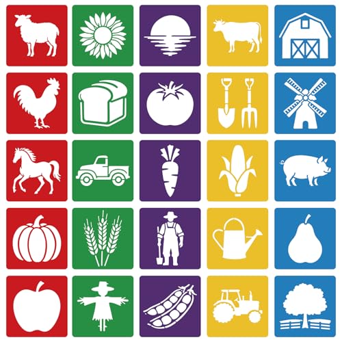 CUTHOLLOW Animals Fruit Plant Stencils, 24PCS 8-Inch Reusable Plastic | 24PCS 8-Inch Animals, Fruit & Plant Shapes, Reusable Washable Plastic, Painting, Crafts, Wall Art & Sidewalk Chalk - style: Farm Theme