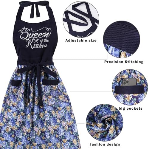 Cute Floral Apron for Women with Pockets, Cotton, Adjustable Straps - color: Navy Blue
