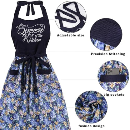 Cute Floral Apron for Women with Pockets, Cotton, Adjustable Straps - color: Navy Blue