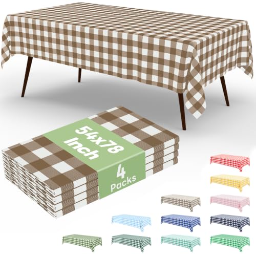 misaya 4 Packs 54 x 78 Inch Buffalo Disposable Table Cloth, Waterproof Plastic Tablecloth, Rectangle Brown and White Checkered Table Covers for Picnic, Birthday, Party - color: Brown and White, size: 54" X 78"