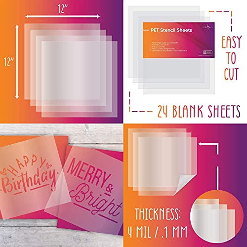 Easy Cut Stencil Sheet Set of 24-12x12 Mylar for Cricut Vinyl Cutting | Acetate Craft Material Sheets, 12 X 12 Inch - Easy to Cut Stencils for Your Vinyl Cutting Projects