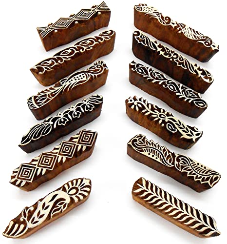 CraftsofIndia® Exotic Elegant Border Pattern Print 100% Handcarved Wooden Block Stamps (Set of 12 | - size: 12 Pcs