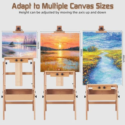 Beech Wood H-Frame Easel for Painting with Tray & Drawer, Natural | Heavy-duty Floor Adjustable Height & Angle Studio Art Easel Stand, Holds 30"-50" Canvas, Foldable Painting Easel for Adults - color: Natural