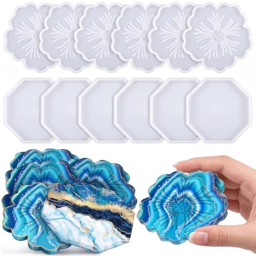 8 Pieces Coaster Silicone Deep Resin Molds Set Include 4 Flower Coaster Resin Flower Silicone Tray and 4 Octagon Epoxy Casting Mold for DIY Artwork, and Home Decor