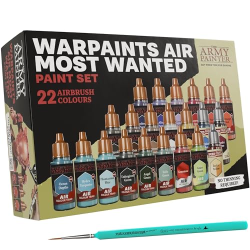The Army Painter, Warpaints Air Most Wanted Paint Set C, 22 x 18 ml | 19 Acrylic Airbrush Paints, incl. 2 Metallics, 1 Fluorescent, 1 Medium, 3 Speedpaints & 1 brush - for Model and Miniature