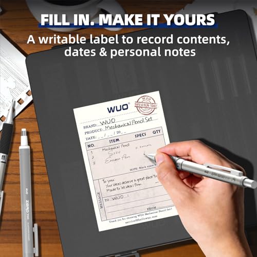 WUO 0.9 mm Mechanical Pencil Set with Eraser Pen Storage Case, 3 PCS | Metal Drafting Pencils, 360 HB Lead Refills, 3x4B Erasers, 12 Eraser Refills for School Artist Writing Drawing Sketching - color: Black 3 - 0.9mm (3 Pack)