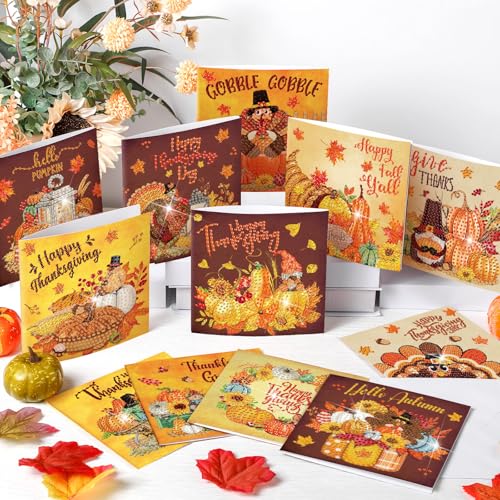 Saillong 12 Pack Fall Diamond Painting Greeting Card Kits DIY Thanksgiving Diamond Art Cards with Envelopes Pumpkin Turkey 5D Rhinestones Paint Card for Adults DIY Crafts Family Friend Birthday Gifts - color: Turkey