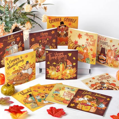 Saillong 12 Pack Fall Diamond Painting Greeting Card Kits DIY Thanksgiving Diamond Art Cards with Envelopes Pumpkin Turkey 5D Rhinestones Paint Card for Adults DIY Crafts Family Friend Birthday Gifts - color: Turkey