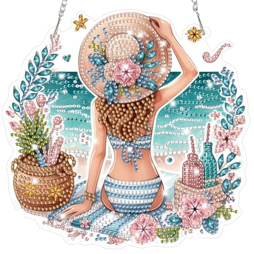 Bowetile Summer Diamond Art Hanging Kits for Adults, Diamond Art Suncatchers Beach Vacation, 5D Special Shape Diamond Painting Pendant Window Ornament Gifts for Home Wall Door Garden Decor - color: Beach Vacation