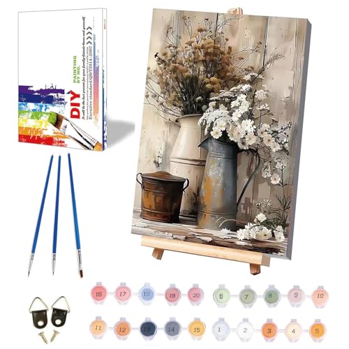 Vintage Flower Paint by Numbers for Adults with Framed Canvas 8x12 inch | Rustic Flowers Paint by Number on Canvas, DIY Acrylic Oil Painting Kits with Wooden Easel Brushes for Home Wall Decor - color: BKH2109