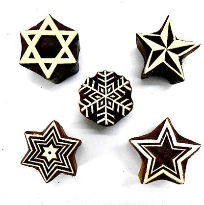 CraftsofIndia® Stylish Elegant Five Stars Wooden Blocks Stamps for Printing on Textiles, Pottery Crafts,Henna, Scrapbooking (Set of 5) - size: Pack # 103