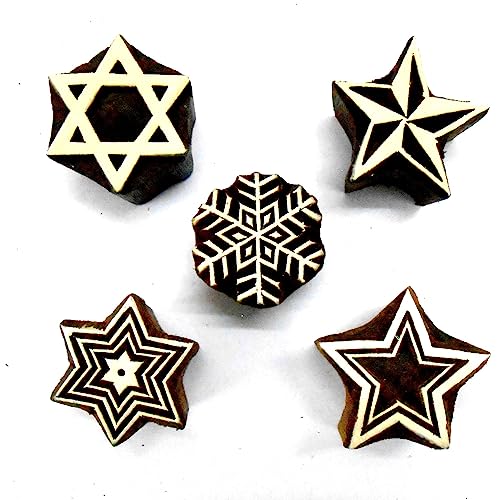 CraftsofIndia® Stylish Elegant Five Stars Wooden Blocks Stamps for Printing on Textiles, Pottery Crafts,Henna, Scrapbooking (Set of 5) - size: Pack # 103