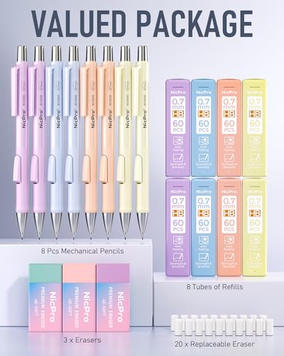 Nicpro 8 Pack Pastel Mechanical Pencil 0.7mm, Cute Fast Click Mechanical Pencils Set with 480PCS HB Lead Refills, 3 Erasers with Case, Aesthetic School Supplies for Writing Drawing Sketching | Mechanical Pencils Set with 480PCS HB Lead Refills, 3 Erasers