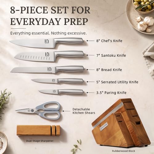 KnifeSaga Kitchen Knife Set with Block and Detachable Sharpener | 8-Piece High Carbon Stainless Steel Knife Block Set, Fully Forged Blades & Compact Design