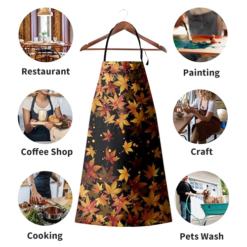 Fall Aprons for Adults Women Men Golden Red Maple Leaves Apron with Pockets Adjustable Strap Kitchen Chef Apron Black Cooking Apron for Cooking Barbecue Crafting Sewing - color: Fall Maple Leaves