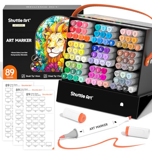Shuttle Art Brush Tip Alcohol Markers, Dual Tip Brush & Chisel Tip Art Marker Set, 89 Colors Marker Pens with Organized Case Perfect for Illustration Kids Students Adults Coloring Sketching - color: 89 Colors Brush & Chisel Tip