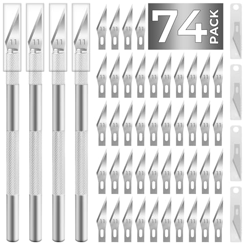 JTIEO Exacto Hobby Craft Knife 74 Pack with 4 Upgrade Sharp Knives and 70 Spare Blades for Art, Scrapbooking, Stencil - color: Silver