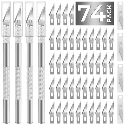 JTIEO Exacto Hobby Craft Knife 74 Pack with 4 Upgrade Sharp Knives and 70 Spare Blades for Art, Scrapbooking, Stencil - color: Silver
